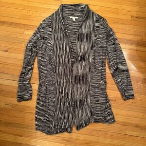 Black and Gray Open-Front Cardigan with Shawl Collar